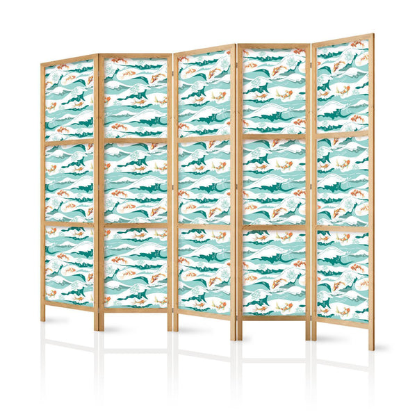 Paravento giapponese - Fish Jumping Over Waves - Oriental Fish and Water Lilies Among High Waves in Shades of Sea Green