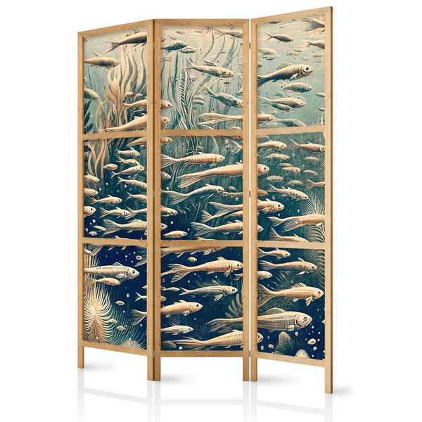 Paravento giapponese - Life in the Ocean - Underwater World of Fish and Vegetation in Beige and Navy Retro Style