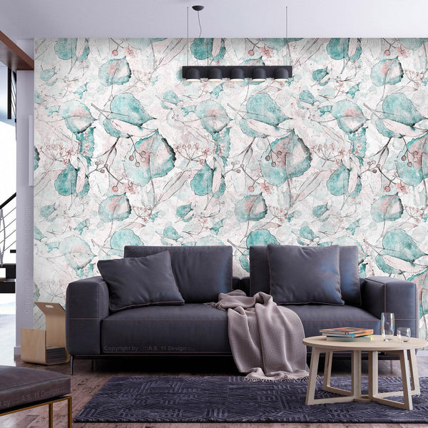 Carta da parati - Autumn souvenirs - floral pattern with turquoise leaves