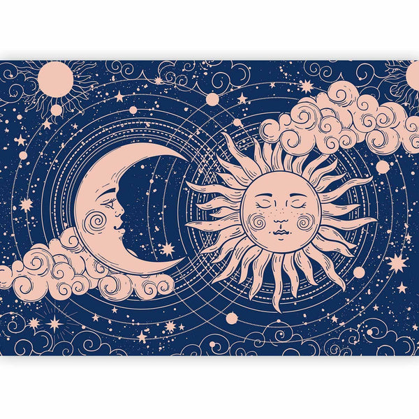 Carta da parati - Cosmic Harmony - Illustration of the Sun and Moon on a Navy Background