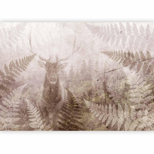 Carta da parati - Forest motif - deer with antlers among fern leaves on concrete pattern