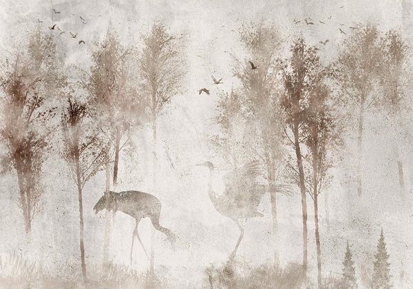 Carta da parati - Among the trees - landscape in grey tones in fog in a clearing with birds