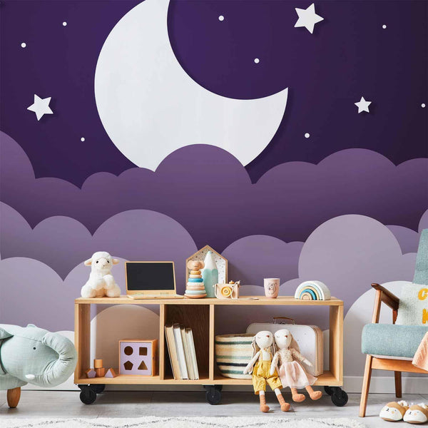 Carta da parati - Moon dream - clouds in a purple sky with stars for children