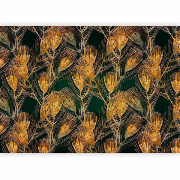 Carta da parati - Golden peacock feathers - solid background with bird pattern on green background