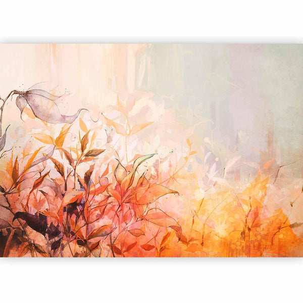 Carta da parati - Flaming meadow - nature landscape with meadow of flowers and leaves in watercolour style