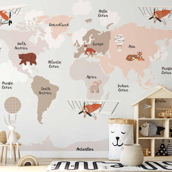 Carta da parati - Map in Shades of Beige - Continents With Animals