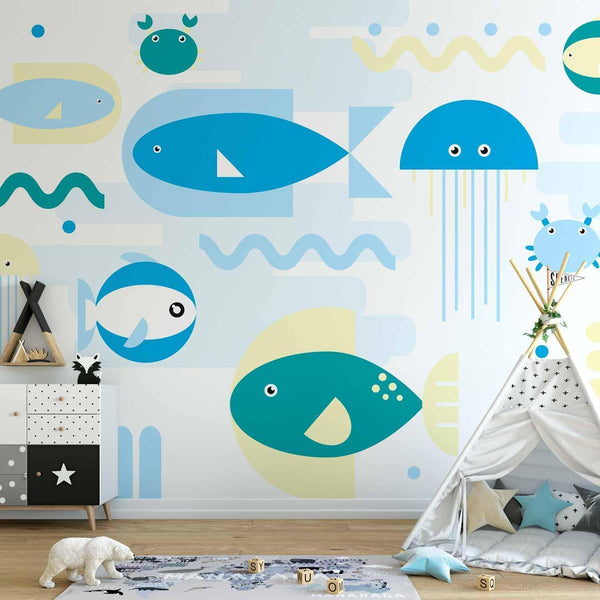 Carta da parati - Animals in the sea - geometric blue fish in water for kids