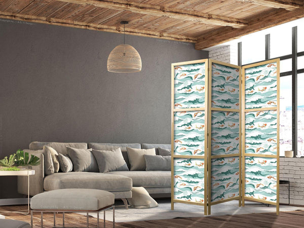 Paravento giapponese - Fish Jumping Over Waves - Oriental Fish and Water Lilies Among High Waves in Shades of Sea Green