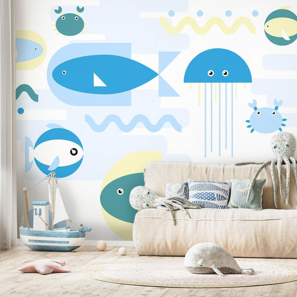 Carta da parati - Animals in the sea - geometric blue fish in water for kids