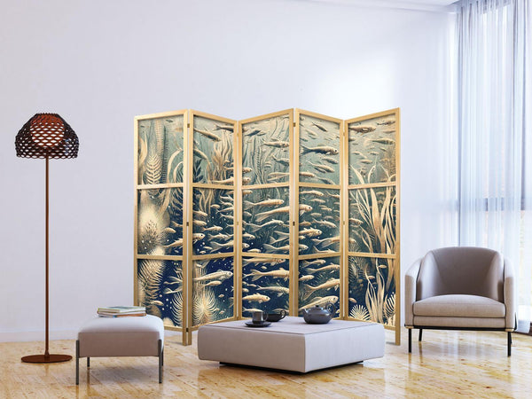 Paravento giapponese - Life in The Ocean - Underwater World of Fish And Vegetation in Beige And Navy Colors in Retro Style