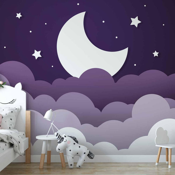 Carta da parati - Moon dream - clouds in a purple sky with stars for children