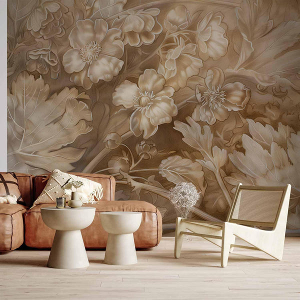 Carta da parati - Floral Ornaments Carved in Delicate Sepia and Brown Shades