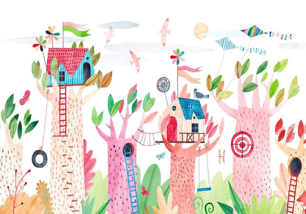 Carta da parati - Painted tree houses - a colourful fantasy with kites for children