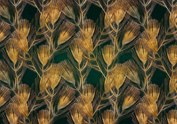 Carta da parati - Golden peacock feathers - solid background with bird pattern on green background