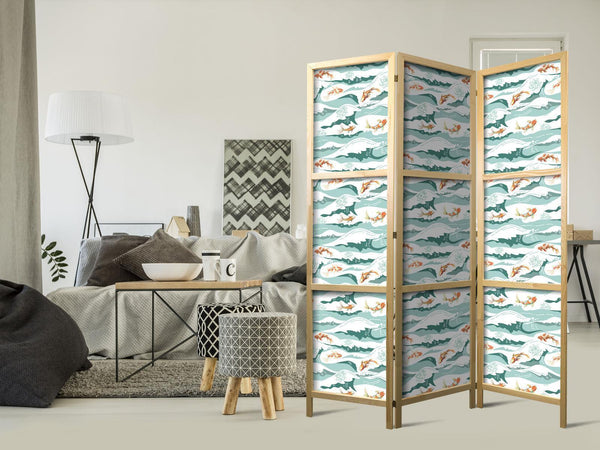 Paravento giapponese - Fish Jumping Over Waves - Oriental Fish and Water Lilies Among High Waves in Shades of Sea Green