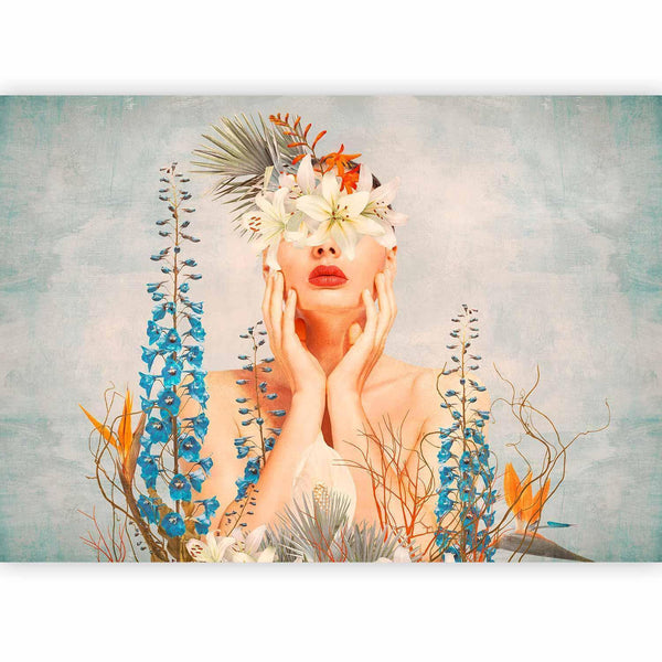 Carta da parati - Nature in thought - female figure among flowers on a patterned background