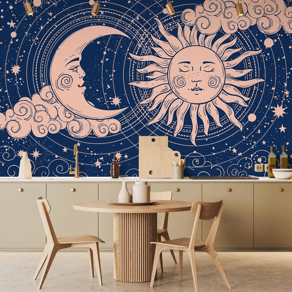 Carta da parati - Cosmic Harmony - Illustration of the Sun and Moon on a Navy Background