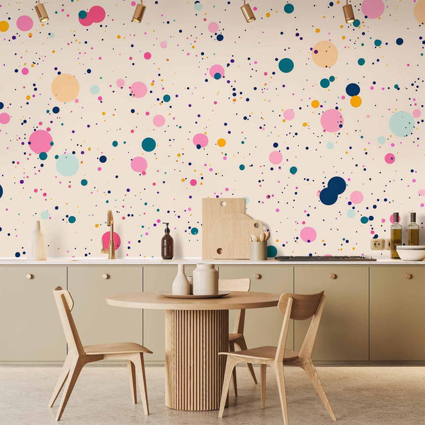 Carta da parati - Dots Speckles and Splatters Multicolored Cheerful Pattern on a Light Pink Background