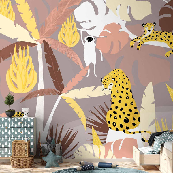 Carta da parati - Cheetahs in the jungle - landscape with exotic animals with palm trees for children