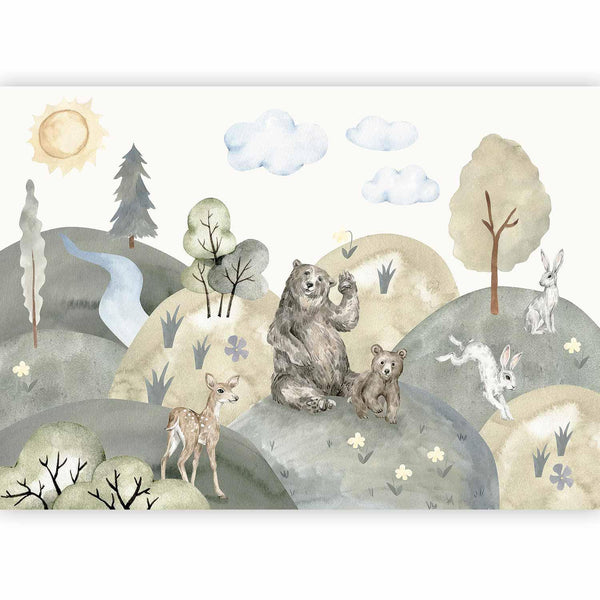 Carta da parati - Green Hills - a Valley With Animals Painted in Watercolours