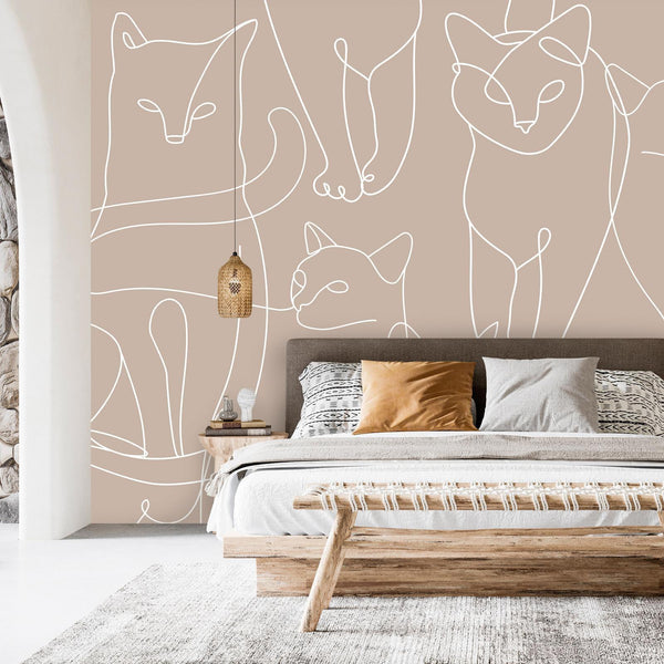 Carta da parati - Cat lineart - minimalist sketches of white cats on beige background