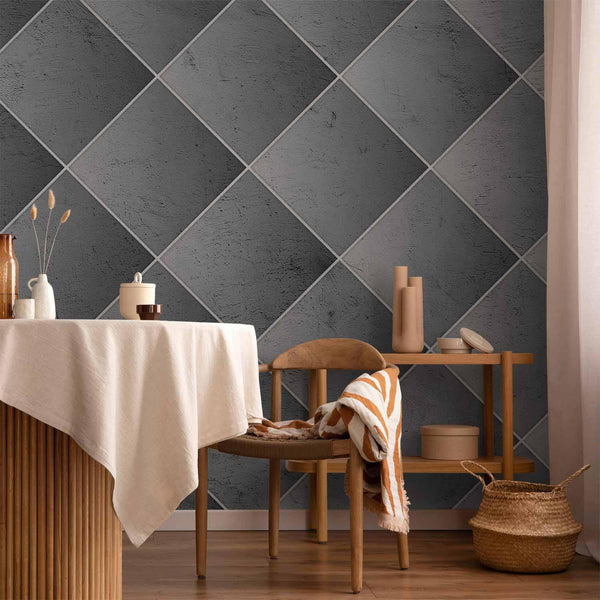 Carta da parati - Grey symmetry - geometric concrete pattern with white joints