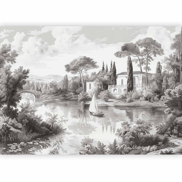 Carta da parati - Black and White Vintage Landscape Retro View of a Pond with a Boat