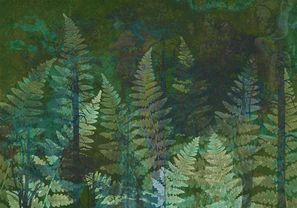 Carta da parati - Green abstraction in the forest - fern leaves in the trunks with patterns