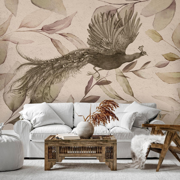 Carta da parati - Bird among the leaves - floral motif with a flying peacock in cool tones