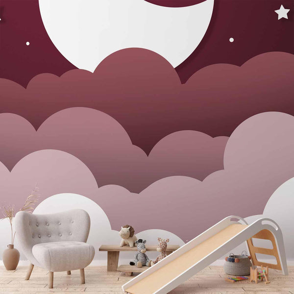 Carta da parati - Moon dream - clouds in a maroon sky with stars for children