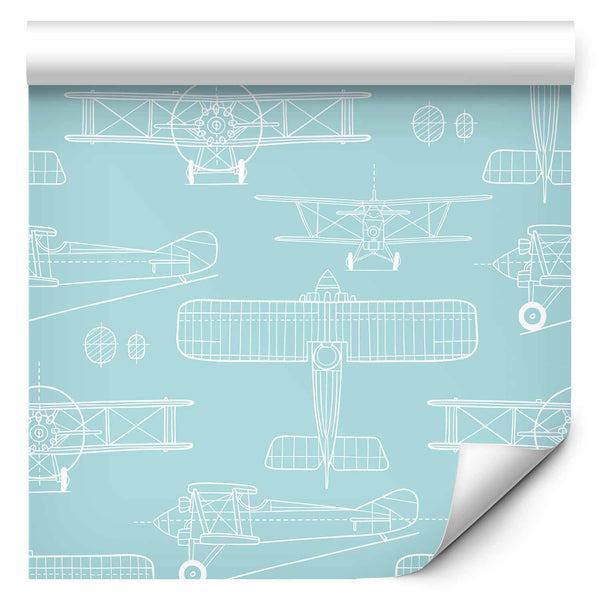 Tappezzeria murale - Sketch - Outline of an airplane in white on a turquoise background