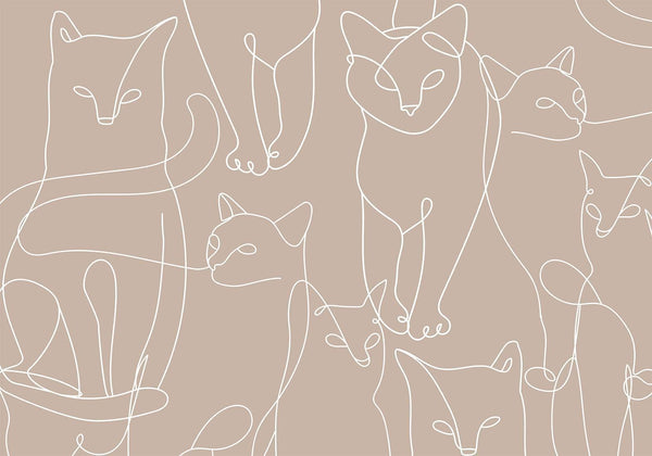 Carta da parati - Cat lineart - minimalist sketches of white cats on beige background