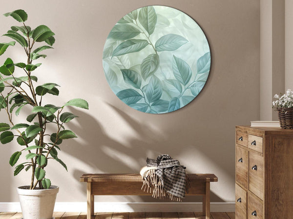 Quadro rotondo - Large Leaves in Shades of Green-Mint: Botanical Motif