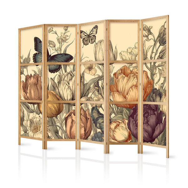 Paravento giapponese - Tulips in Cream - Illustration of Flowers and Butterflies on a Light Background