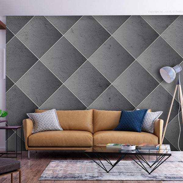 Carta da parati - Grey symmetry - geometric concrete pattern with white joints