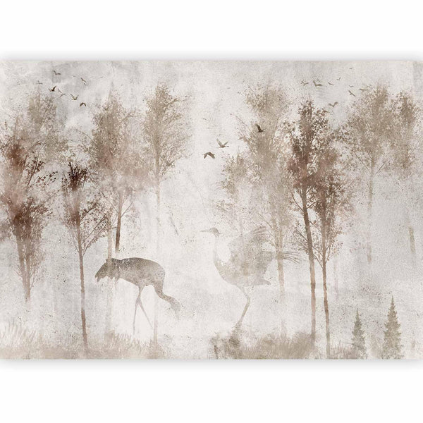 Carta da parati - Among the trees - landscape in grey tones in fog in a clearing with birds