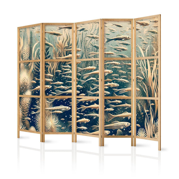 Paravento giapponese - Life in The Ocean - Underwater World of Fish And Vegetation in Beige And Navy Colors in Retro Style