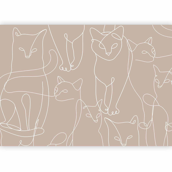 Carta da parati - Cat lineart - minimalist sketches of white cats on beige background