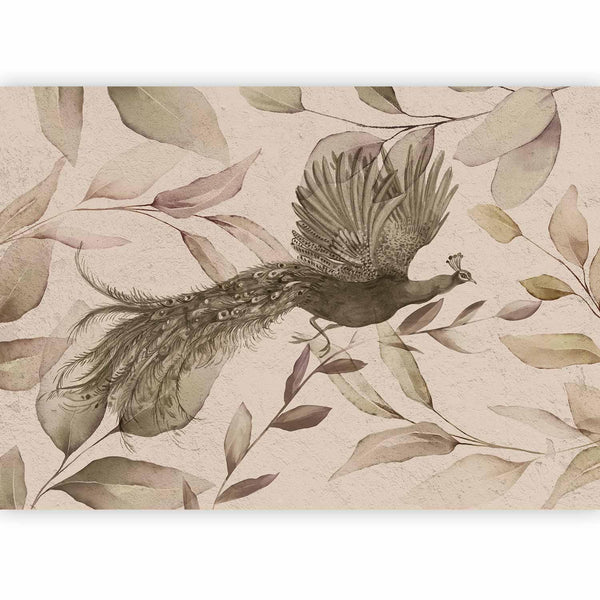 Carta da parati - Bird among the leaves - floral motif with a flying peacock in cool tones