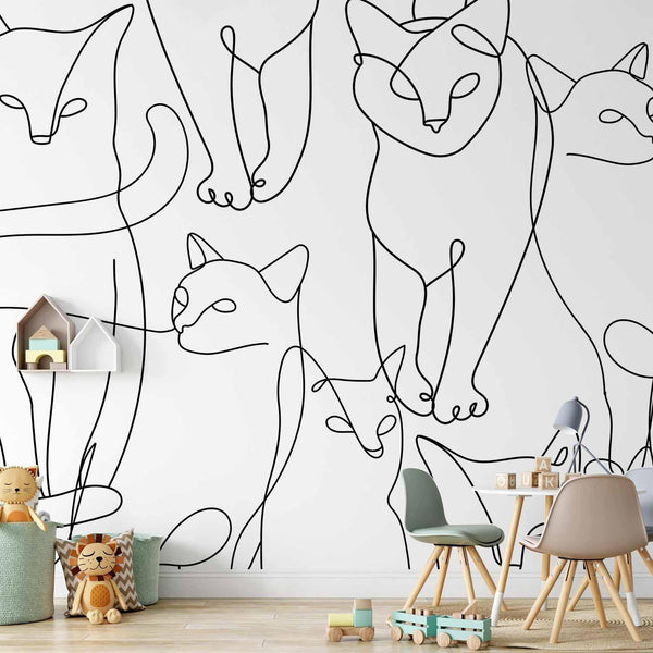 Carta da parati - Cat lineart - minimalist sketches of black cats on white background