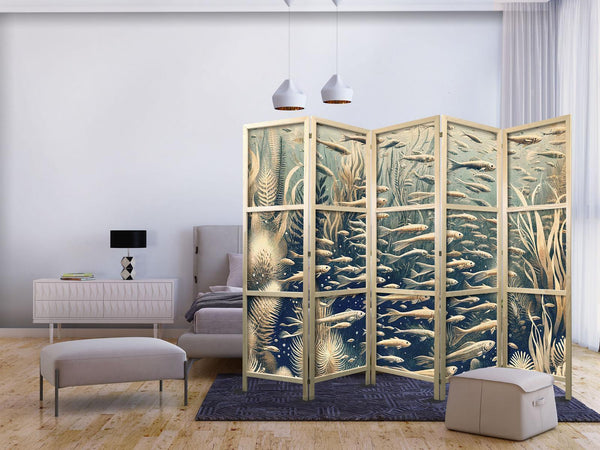 Paravento giapponese - Life in The Ocean - Underwater World of Fish And Vegetation in Beige And Navy Colors in Retro Style