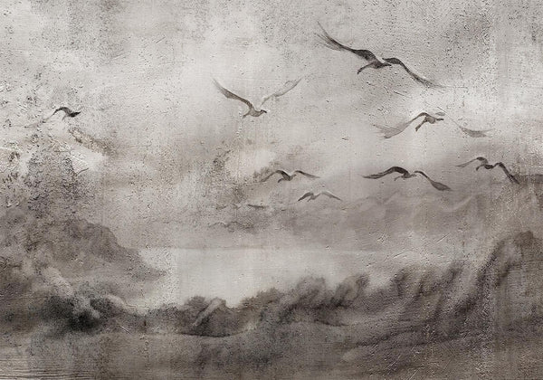 Carta da parati - Swan flight - abstract landscape of birds over a lake with texture