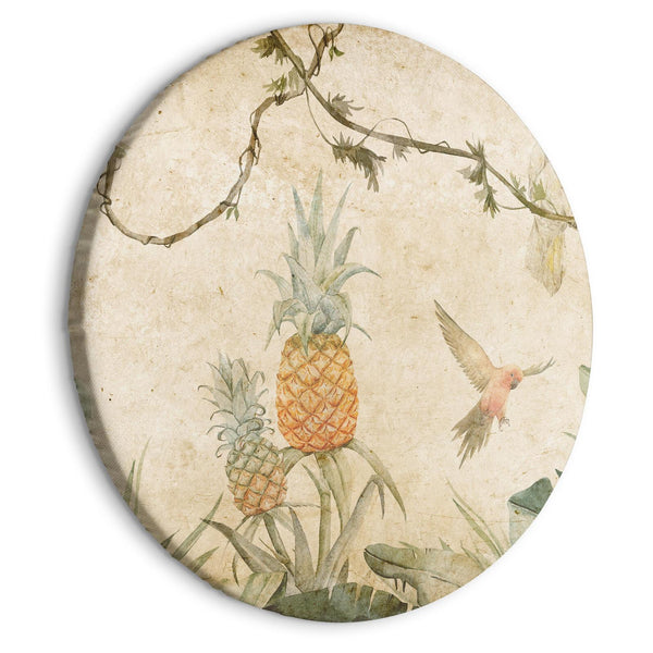 Quadro rotondo - Tropics in muted colors - Parrots and pineapples amidst lush exotic flora in soft shades of green/Parrots in the jungle