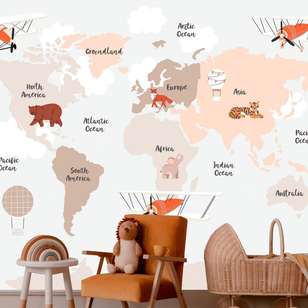 Carta da parati - Map in Shades of Beige - Continents With Animals