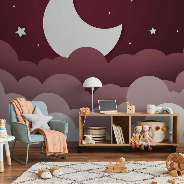 Carta da parati - Moon dream - clouds in a maroon sky with stars for children