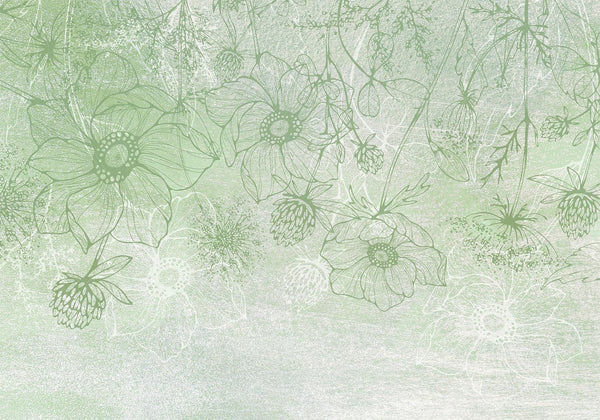 Carta da parati - Flowery meadow - nature with field flowers lineart on green background