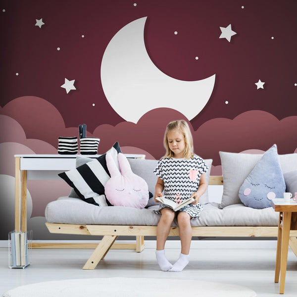 Carta da parati - Moon dream - clouds in a maroon sky with stars for children