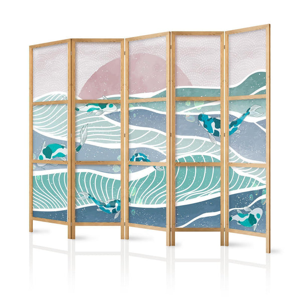 Paravento giapponese - Koi Fish Among Waves - Japanese Fish Among Waves in Shades of Turquoise and White