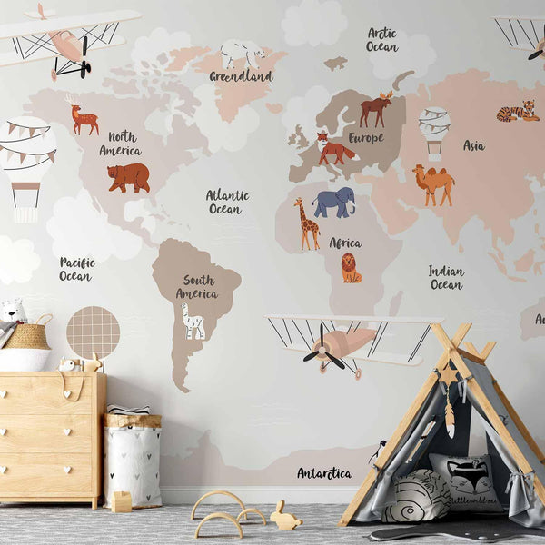 Carta da parati - World Map in Beige Tones for Children's Room