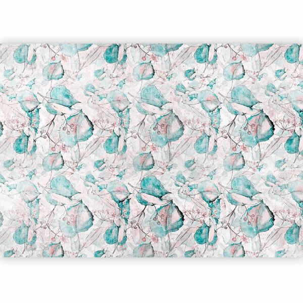 Carta da parati - Autumn souvenirs - floral pattern with turquoise leaves